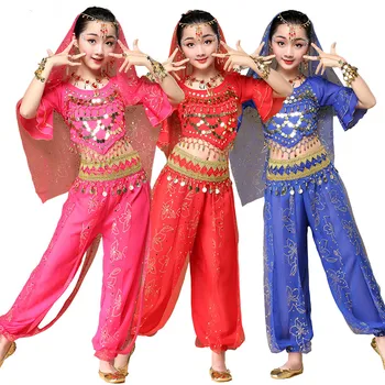 Crianças de Dança Indiana Traje Meninas de Dança do Ventre, Conjuntos de Dança Oriental Nacional de Desempenho Traje de Bollywood Dance usar 3 Cores 4