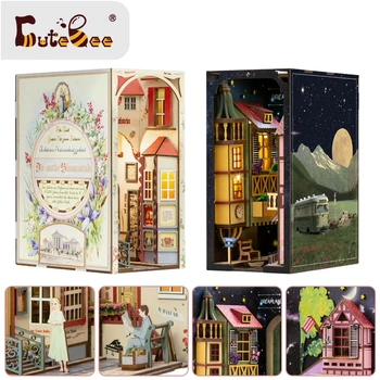 Cutebee DIY Livro Nook Kit de Cidade Antiga Casa Estante de livros Inserir em Miniatura Casa de bonecas de Madeira Modelo Aparador de Construção Para Presente de Criança