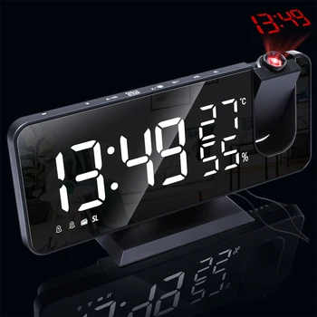 Digital do DIODO emissor de Relógios de Alarme Carregamento USB Ajustável Projeção Redutor de Temperatura e Umidade de Exibição de Rádio FM, Relógio Despertador Quarto