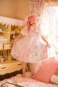 Doce princesa lolita vestido palácio de renda bowknot bonito malha da impressão de cintura alta kawaii girl dress loli cosplay lolita gótica jsk 0