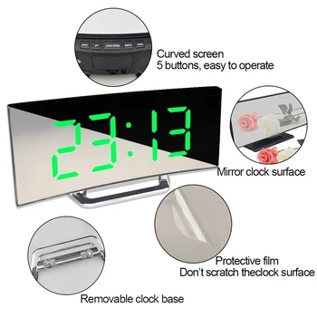 Espelho Display de LED Curvada Relógio Despertador Bateria Plug-in de Dupla utilização, Relógio Despertador Quarto de Exibição do Office Relógio Lar 1