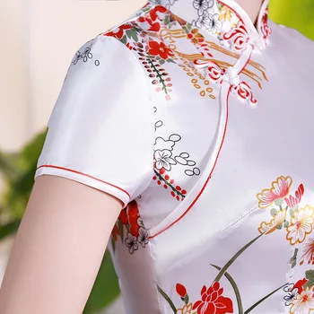 Estilo curto de Cetim de Seda Chinês Tradicional Vestido para as Mulheres Apertado Bodycon Feminino Cheongsam Qipao Oriental Quimono Roupão de Banho Vestido 4