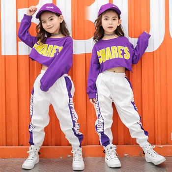 Filhos Legal Hip Hop Roupas de Moletom Crop Top de Manga Longa Camisa Branca Jogger Streetwear Calças para Meninas Dança Jazz Roupas 0