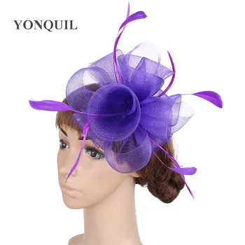 Flor Fascinator Pena Chapéus de Senhoras Elegantes Headwear de Boa Qualidade Noiva Chapéus Para Roxo Festa de Casamento Tiara de MYQ037