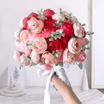 Flores artificiais 18 Cabeças de Seda Rosa peônia Bouquets de Noiva Falso flor de Simulação de Flanela de Flores em Casa a Festa de Casamento Decoração 0