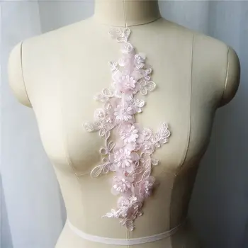 Flores cor de rosa Esferas de Tecido do Laço do Vestido de Casamento Apliques de Guarnições de Bordado da Gola de Malha Costurar Patch Para o Vestido de Decoração DIY 0