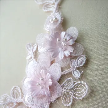 Flores cor de rosa Esferas de Tecido do Laço do Vestido de Casamento Apliques de Guarnições de Bordado da Gola de Malha Costurar Patch Para o Vestido de Decoração DIY 1