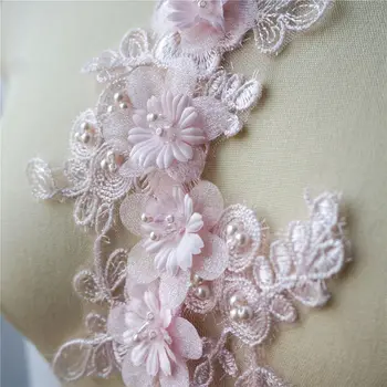 Flores cor de rosa Esferas de Tecido do Laço do Vestido de Casamento Apliques de Guarnições de Bordado da Gola de Malha Costurar Patch Para o Vestido de Decoração DIY 2