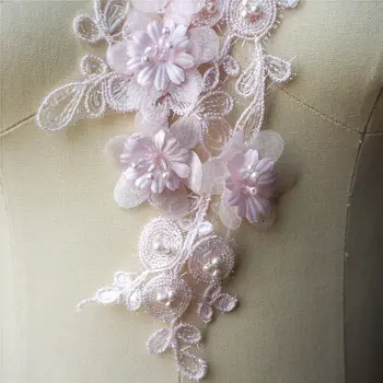 Flores cor de rosa Esferas de Tecido do Laço do Vestido de Casamento Apliques de Guarnições de Bordado da Gola de Malha Costurar Patch Para o Vestido de Decoração DIY 3