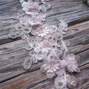 Flores cor de rosa Esferas de Tecido do Laço do Vestido de Casamento Apliques de Guarnições de Bordado da Gola de Malha Costurar Patch Para o Vestido de Decoração DIY 4