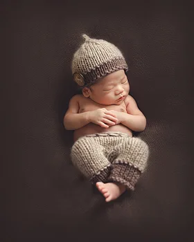 frete grátis, Recém-nascido chapéu Set - Listrado Bebê Chapéu do Beanie & Calças Cáqui e marrom recém-nascido de tricô Adereços Foto tamanho:0-1m,3-4m