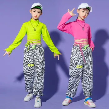 Garoto de Hip Hop Roupas Laço Crop Top de Manga comprida T-Shirt de Streetwear de Impressão de Zebra Jogger Calças para Meninas Dança Traje de Roupas 1