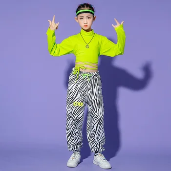 Garoto de Hip Hop Roupas Laço Crop Top de Manga comprida T-Shirt de Streetwear de Impressão de Zebra Jogger Calças para Meninas Dança Traje de Roupas 2