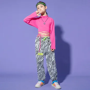 Garoto de Hip Hop Roupas Laço Crop Top de Manga comprida T-Shirt de Streetwear de Impressão de Zebra Jogger Calças para Meninas Dança Traje de Roupas 3