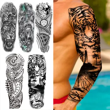 Grande Tiger Forest Bússola Tatuagens Temporárias De Manga Para Os Homens Adultos Maori Crânio Leão Falso Etiqueta Da Tatuagem Integral À Prova D'Água Braço De Tatuagem