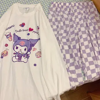 Hello Kitty Sanrio Kawaii Outono Pijama Kuromi Anime Calças Axadrezadas Cartoon Aluno Gola Tops Garotas Fina Sleepcoat Conjuntos 1