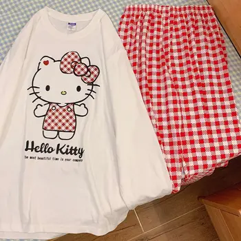 Hello Kitty Sanrio Kawaii Outono Pijama Kuromi Anime Calças Axadrezadas Cartoon Aluno Gola Tops Garotas Fina Sleepcoat Conjuntos 2