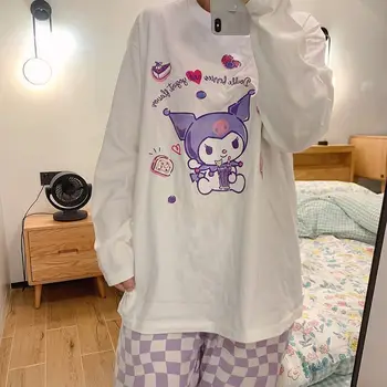 Hello Kitty Sanrio Kawaii Outono Pijama Kuromi Anime Calças Axadrezadas Cartoon Aluno Gola Tops Garotas Fina Sleepcoat Conjuntos 3