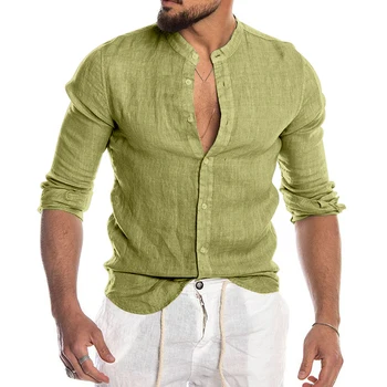 Homens Casual Blusa de Algodão, de Linho, Camisa de Manga Longa de Verão Botão para Baixo de Camisas Para Homens
