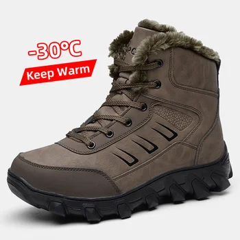Homens Inverno Botas de Tornozelo de Neve de Couro Quente Caminhadas Quentes de Pele Exterior de Borracha Curto Trekking de Luxo Botas de Homem Calçado Sapatos Para Homens