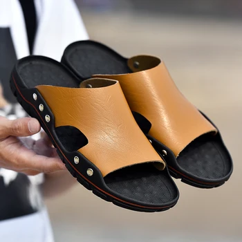 Homens Sandálias de Couro Homens Sapatos de Verão de Lazer, Chinelos de quarto Flip-Flops Homens Confortável Calçado Macio Sandálias 0