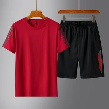Homens Soltos Esportes Seca Rápido Terno T-shirt + Shorts de Treino Roupa de 2 peças de Curto Manga Sportswear Conjunto De Jogging 2