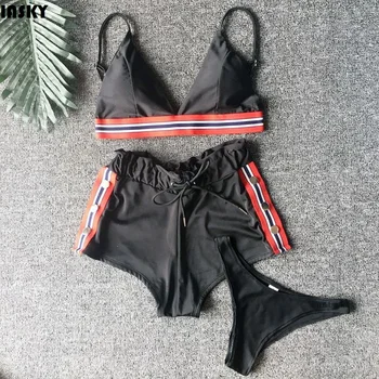 IASKY 3PCS/SET Biquíni de esportes com shorts de 2018 novas mulheres sexy trajes de Banho Swimsuit Bikini Conjunto Acolchoado trajes de Banho maillot de bain 0