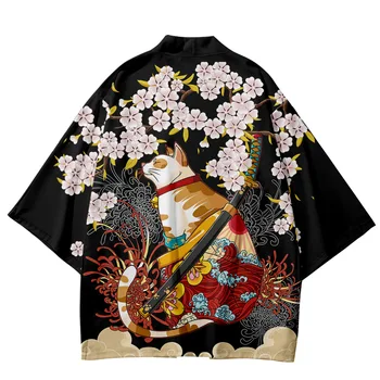 Kimono Japonês E Shorts Homens Floral Preto E Impressão De Gato Casaquinho De Yukata Haori Obi Blusa De Verão Samurai Camisa De Roupas