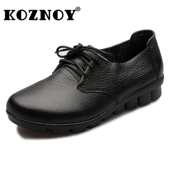 Koznoy 3cm Étnica de Couro Genuíno Mulheres Plus Size Avó Respirável, Verão, Outono Mãe Oco Flats Sapatos Confortáveis Sapatos leves