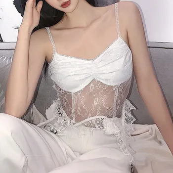 Laço branco Bralette Sexy Ver através Plissado Crop Tops Mulheres 2021 Verão de Novo Y2K E-meninas Cortada Feminino Tops sem Mangas