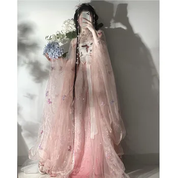 LiuTingJu Chinês Tradicional Saia Hanfu Terno para as Mulheres da Dinastia Song cor-de-Rosa Requintado Borboleta Bordado Vestido de Bronzeamento Manto