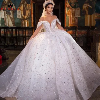 Luxo Vestidos de Casamento Vestido de baile Inchados de Lantejoulas de Tule de Renda Frisados de Cristal de Diamante 2023 Novo Vestido de Noiva Tamanho Personalizado DX44 0