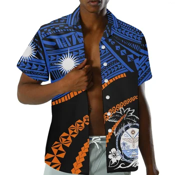 Marshall Ilhas da Polinésia Tatuagem Tribal Imprime Azul Laranja Homens Camisas Casuais de Verão Respirável Praia Tops de Manga Curta Túnica 1