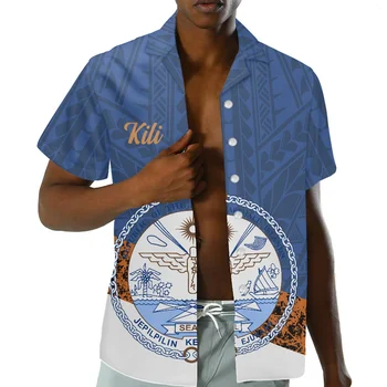 Marshall Ilhas da Polinésia Tatuagem Tribal Imprime Azul Laranja Homens Camisas Casuais de Verão Respirável Praia Tops de Manga Curta Túnica 2