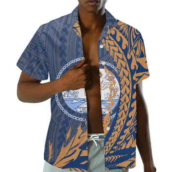 Marshall Ilhas da Polinésia Tatuagem Tribal Imprime Azul Laranja Homens Camisas Casuais de Verão Respirável Praia Tops de Manga Curta Túnica 3