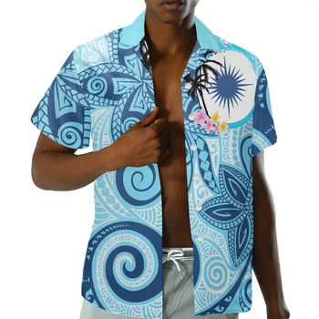 Marshall Ilhas da Polinésia Tatuagem Tribal Imprime Azul Laranja Homens Camisas Casuais de Verão Respirável Praia Tops de Manga Curta Túnica 4