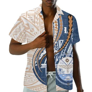 Marshall Ilhas da Polinésia Tatuagem Tribal Imprime Azul Laranja Homens Camisas Casuais de Verão Respirável Praia Tops de Manga Curta Túnica 5