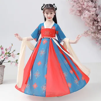 Menina Estilo Chinês Hanfu Primavera Vestido de Verão para Crianças Super Xian Eterna Saia Tang Vestido Vestido da Menina Vestido Antigo
