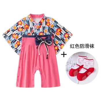 Menina Macaquinho Estilo Japonês Kawaii Girls estampa Floral Quimono Vestido para Crianças Traje de Roupas Infantis +meia 2