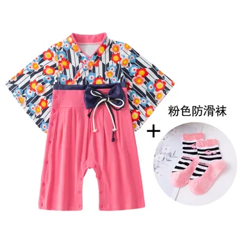 Menina Macaquinho Estilo Japonês Kawaii Girls estampa Floral Quimono Vestido para Crianças Traje de Roupas Infantis +meia 3