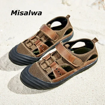 Misalwa de Couro Genuíno Homens da Sandália de Malha de Homem Causal Água Sapatos de pés de Proteger os Novos Verão ao ar livre, Praia Respirável Homens Sandálias 0