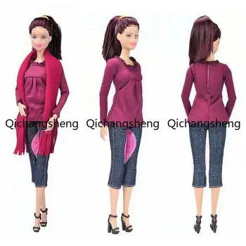 Moda 1/6 BJD Boneca de Roupas Para a Barbie a Roupa Vermelha, Camisa e Bolsa & Cachecol & Sapatos & Calças Jeans 11.5