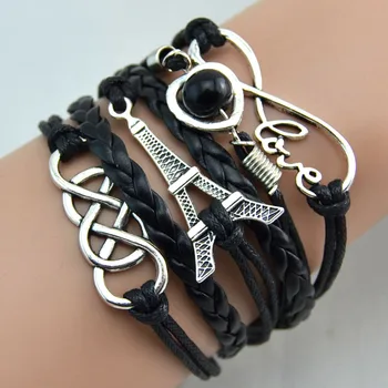 Moda jóias de couro de Duplo infinito torre coração de multicamadas, bracelete do preço de fábrica vendas por atacado 0