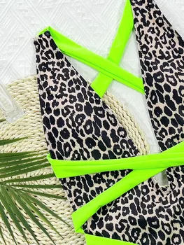 Moda Sexy estampa de Leopardo das Mulheres de Uma Peça de Maiô Verde Quente Bundles Cinto V Profundo trajes de Banho sem encosto em Nylon Garotas de Biquíni 4