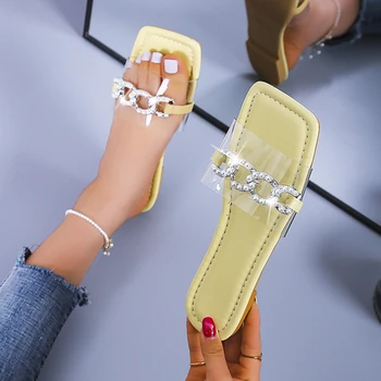 Moda Verão as Mulheres Sapatos de PVC Dedo do pé Quadrado Televisão Calcanhar Corrente de Ouro Peep Toe Chinelos de quarto Superficial Zapatillas Casa Mujer Sapatos Femininos