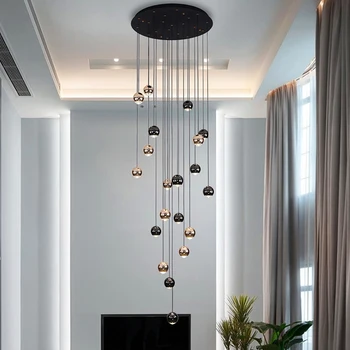 Moderno Longo Lustre de Luxo Cristal preto Pingente de Lâmpadas para a escadaria sala de estar, hall de Entrada Villa led lighting de cristal