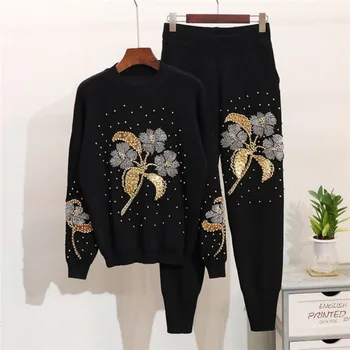 mulher 2 conjuntos de peças de 2022 bordado de borboleta flores soltas de manga comprida camisola camisola e calças de terno