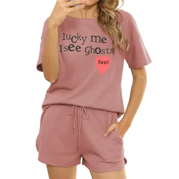 Mulheres 2 Pedaço de Verão Conjuntos de 2021 Camisolas Casa Terno Feminino Pijama Curto Define O-de Algodão com Decote Letra Impressa Pulôver de Ternos