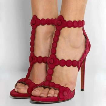 Mulheres chegada vermelho sexy de camurça de salto alto sandálias criss cross correia ocos de sapatos de salto alto da mulher elegante cruz sandálias de tira