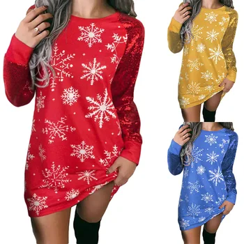 Mulheres de 2022 outono e inverno estilo de Natal de cristal brilhante contraste de cores do floco de neve de impressão de manga longa de Natal vestido das mulheres 0